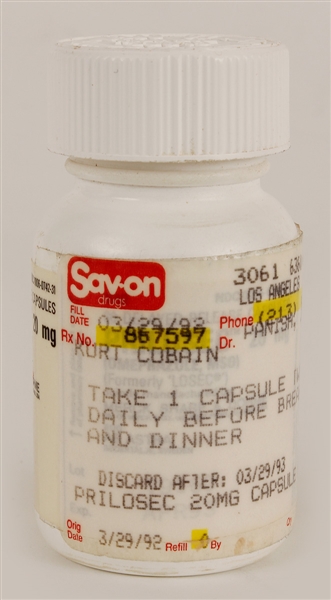 Kurt Cobains Personal Prescription Bottle for Prilosec