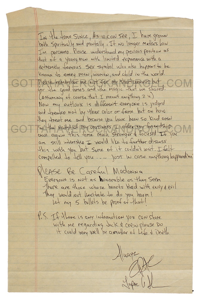 Lot Detail - Tupac Shakur Handwritten & Signed Love Letter to Madonna from  Prison