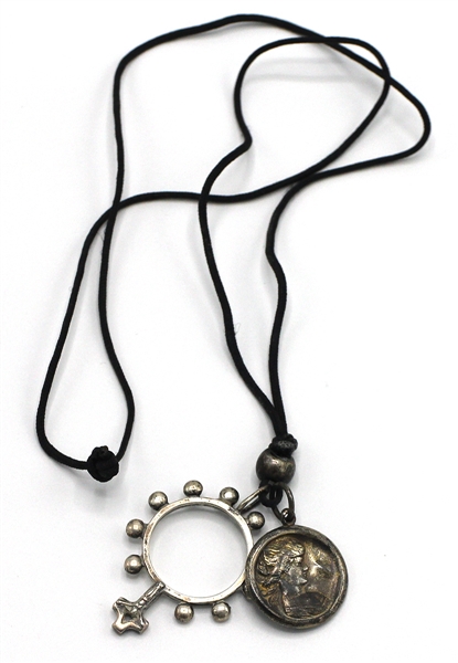 Madonna "Express Yourself" Era Owned and Re-Gifted Sterling Silver Circular Rosary Pendant Black Silk Cord Necklace