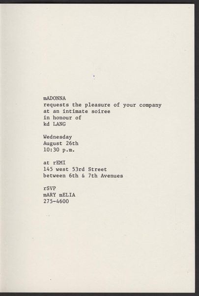 Madonnas  Original Invitation for Her Party Honoring K.D. Lang