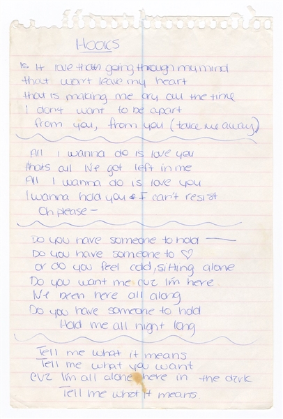 Britney Spears Handwritten "Hook" Lyrics