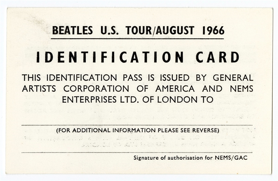 The Beatles Original August 1966 U.S. Tour ID Pass