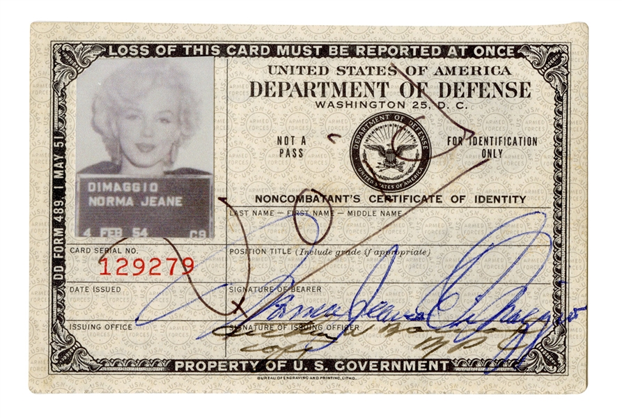 Marilyn Monroe "Norma Jeane DiMaggio" Signed 1954 Korea ID for Entertaining the Troops