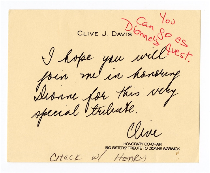 Clive Davis Handwritten & Signed Note to Sammy Davis, Jr. & Altovise Davis