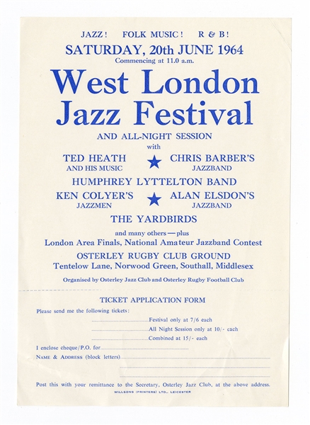The Yardbirds Featuring Eric Clapton Original 1964 West London Jazzfest Concert Handbill