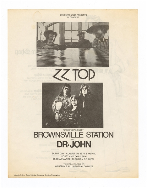 ZZ Top/Brownsville Station/Dr. John Original 1974 Portland Coliseum Concert Handbill