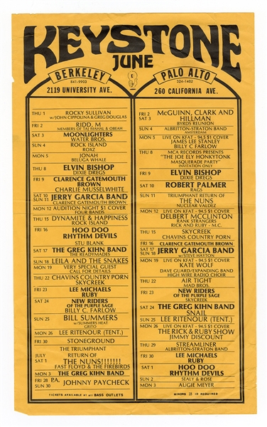 The Keystone Berkeley and Palo Alto Original 1978  Poster Featuring Jerry Garcia Band, Elvis Bishop, Robert Palmer and Greg Kihn Band