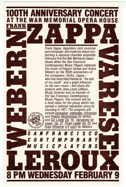 Frank Zappa Original War Memorial Opera House Concert Poster