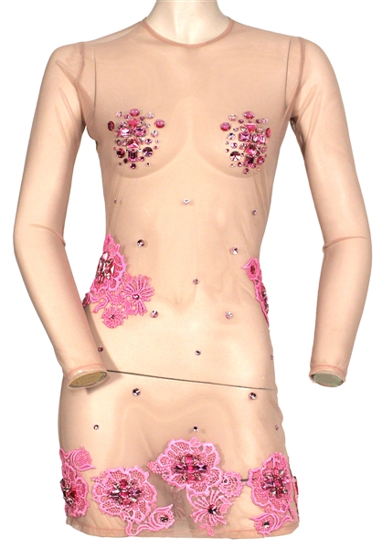 Nicki Minaj "The Night Is Still Young" Music Video Worn Custom Sheer Pink Dress with Embellished Flowers and Rhinestones
