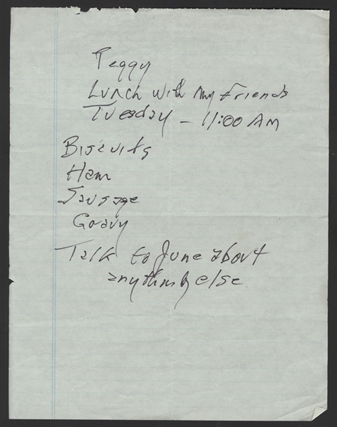 Johnny Cash Handwritten Note To Assistant Peggy