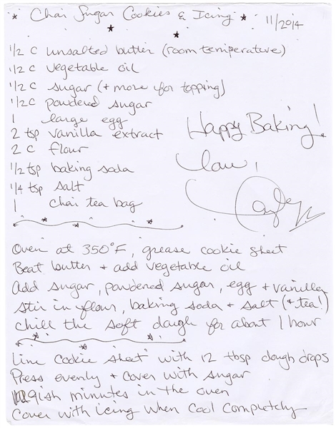 Taylor Swift Handwritten & Signed Chai Sugar Cookie Recipe