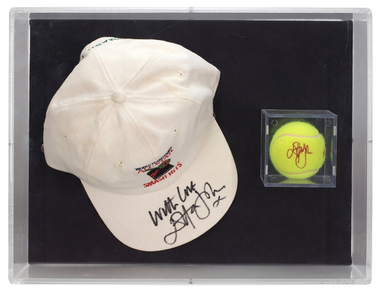 Elton John 1992 Signed Tennis Hat & All-Star Ball Display