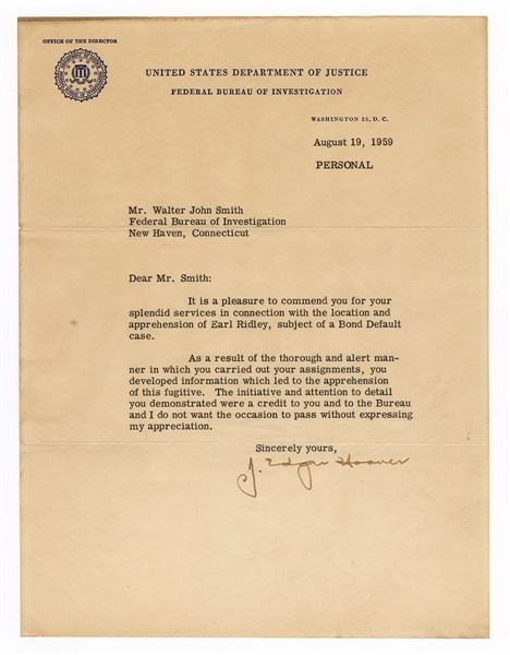 J. Edgar Hoover Typewritten Letter Signed JSA Authentication