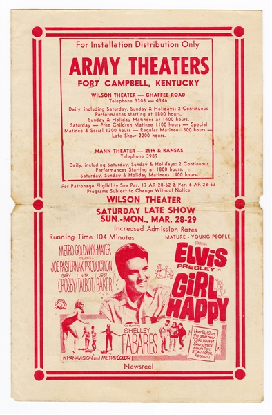 Elvis Presley Original "Girl Happy" U.S. Army Theaters Fort Campbell Kentucky Handbill
