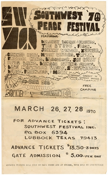 Southwest 70  Peace Festival Original Concert Poster: The Byrds, Muddy Waters, Johnny Winter, Delaney Bonnie & Friends