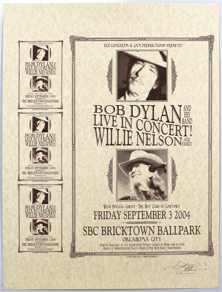 Bob Dylan and Willie Nelson Original Uncut Concert Poster and Handbill Sheet Signed by Artist David Dean