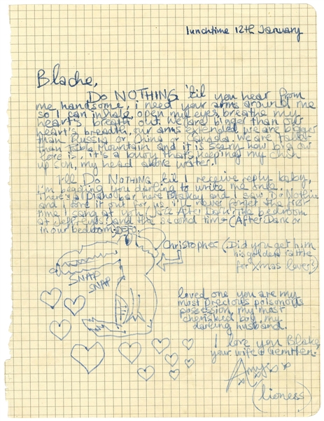 Amy Winehouse Handwritten & Signed Love Letter to Husband Blake Fielder-Civil JSA LOA