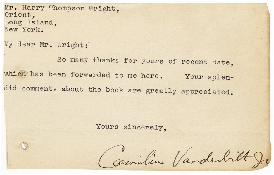 Cornelius Vanderbilt, Jr. Signed Note JSA Authentication