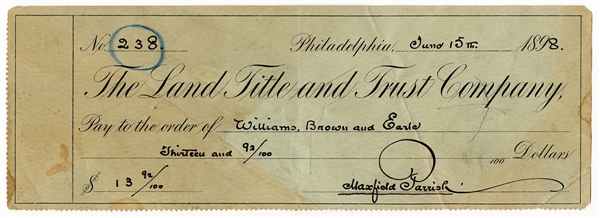 Maxfield Parrish Signed 1898 Land Title and Trust Company Personal Check JSA LOA