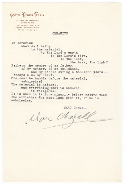Marc Chagall Signed Poem JSA LOA