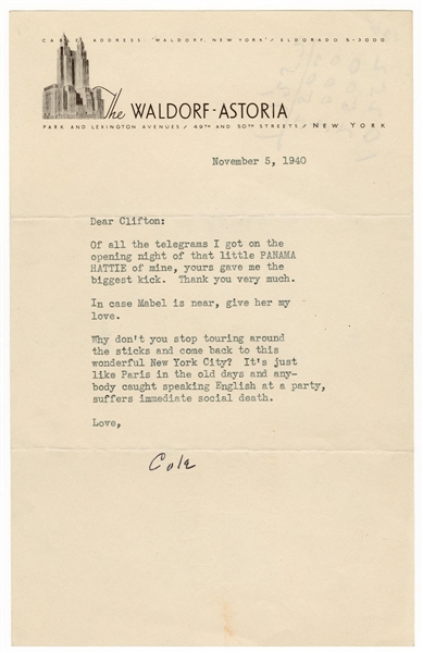 Cole Porter Signed Waldorf Astoria Hotel Letterhead Letter JSA LOA