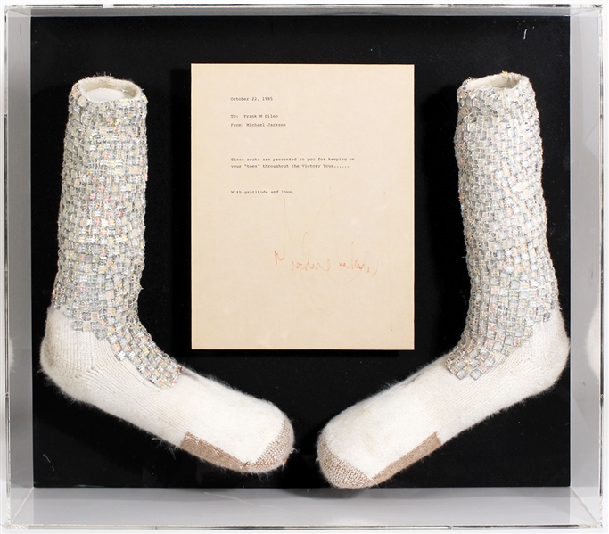 Michael Jackson "Motown 25: Yesterday, Today, Forever Special Concert" Stage Worn and First Ever Moonwalk Stage Worn Bill Whitten Custom Crystal Socks Gifted to Manager Frank DiLeo