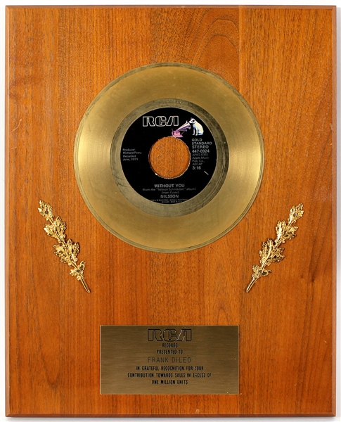 Nilsson "Without You" Original RCA Records In-House Gold Single Record Award Plaque Presented to Frank DiLeo