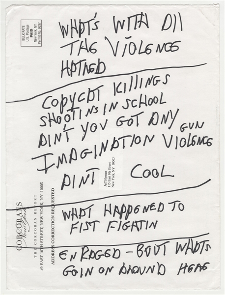 Joey Ramone "School Shootings" Handwritten Lyrics