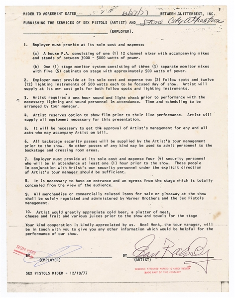Sid Vicious Rare "John Beverley" Signed Sex Pistols Concert Contract Rider