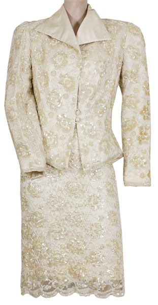 Whitney Houston Owned and Worn Sequin and Bead Embellished Ivory Dress and Jacket