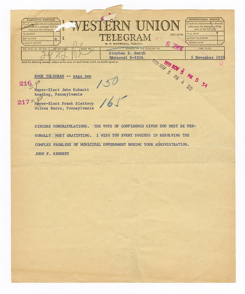 John F. Kennedy Original 1959 Senatorial Western Union Telegram  Barnebys