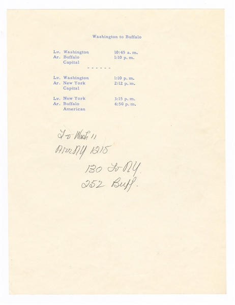 John F. Kennedy Original 1960 Presidential Campaign Flight Schedule