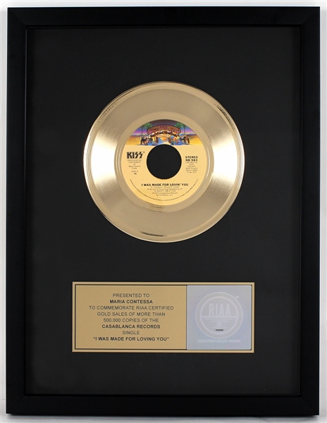 KISS "I Was Made For Loving You" Original RIAA Gold Single Record Award Presented to and Signed by KISS Costumer Maria Contessa