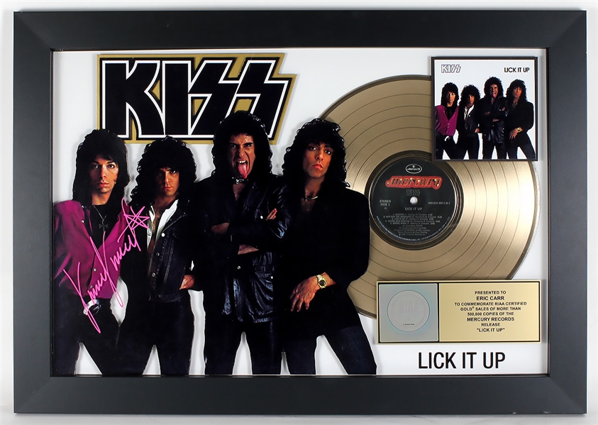 KISS "Lick It Up" Original RIAA Gold Album Award Display Presented to Eric Carr and Signed by Vinnie Vincent