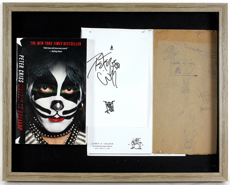 KISS Peter Criss Signed "Makeup to Breakup" Display with Hand Drawings
