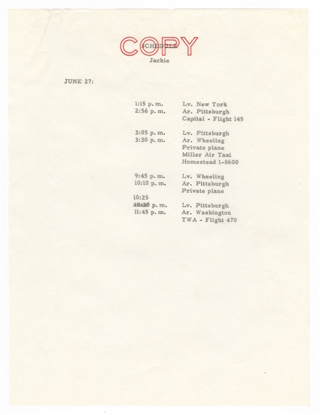 Jacqueline Kennedy Original File Copy of Her June 27, 1960 Schedule