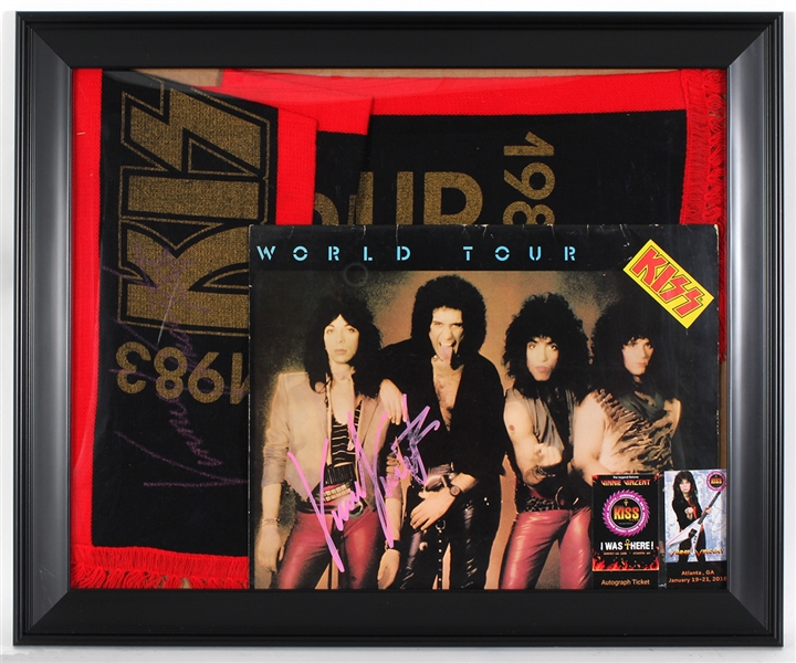 Vinnie Vincent Signed KISS 1983 World Tour Scarf and Signed Tour Program Display