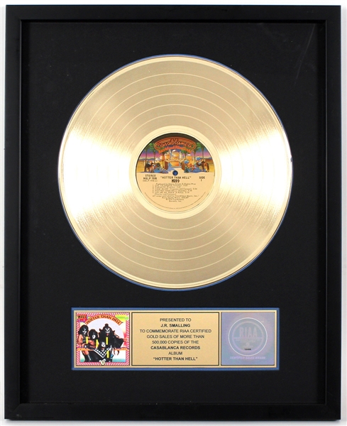 KISS "Hotter Than Hell" Original RIAA Gold Album Award Presented to and Signed by Road Manager J.R. Smalling