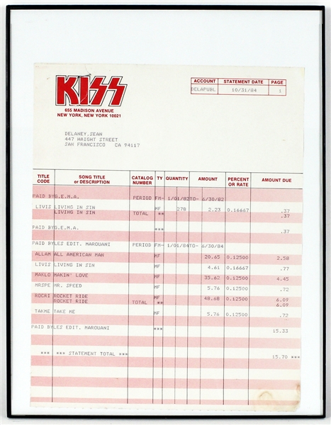 KISS Original 1984 Record Statement 