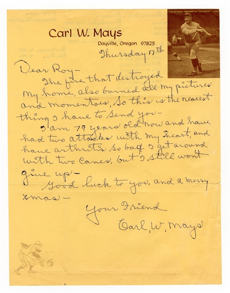 Carl Mays Handwritten and Signed Letter