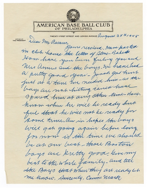 Connie Mack Handwritten & Signed Letter