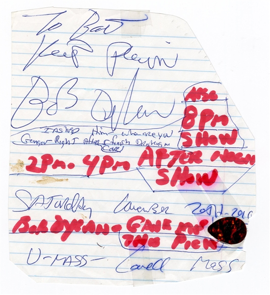 Bob Dylan Stage Used Guitar Pick with His Signed Inscription