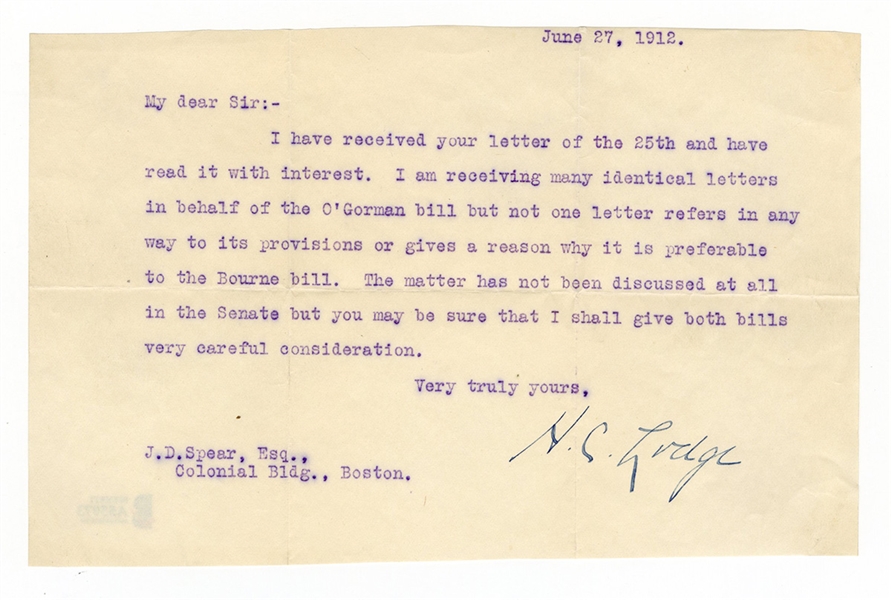 Henry Cabot Lodge Signed 1912 U.S. Senate Letter and Envelope =Beckett LOA