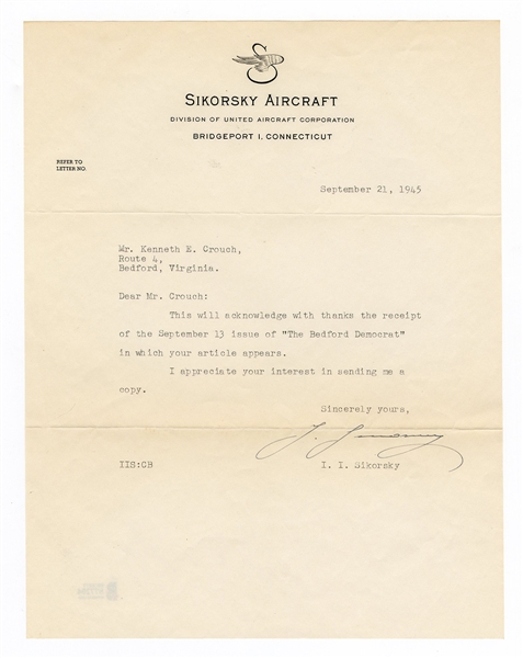 Igor Sikorsky Signed Letter Beckett Authentication