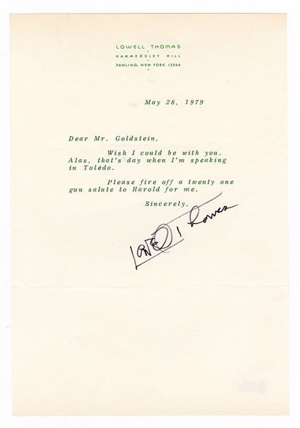 Lowell Thomas Signed Letter Beckett Authentication