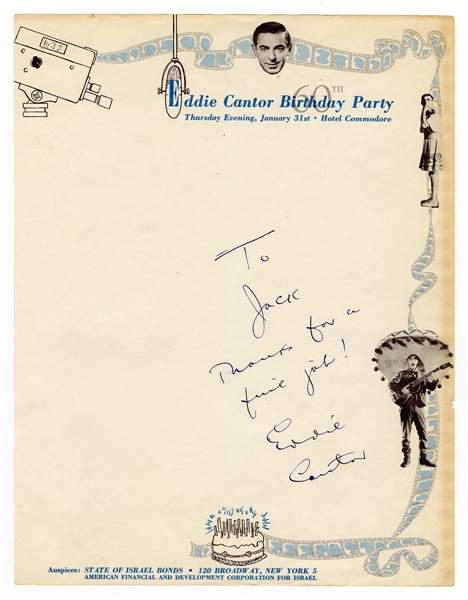 Eddie Cantor Handwritten Signed Note on His Personal 60th Birthday Letterhead JSA Authentication