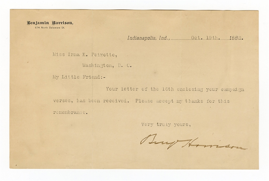 Benjamin Harrison Signed 1888 Letter JSA LOA