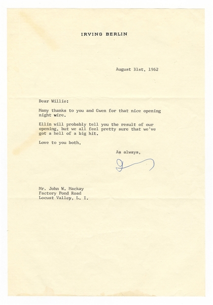 Irving Berlin Signed Typewritten Letter JSA LOA