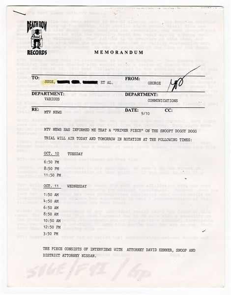 Suge Knight Death Row Records Original Memorandum