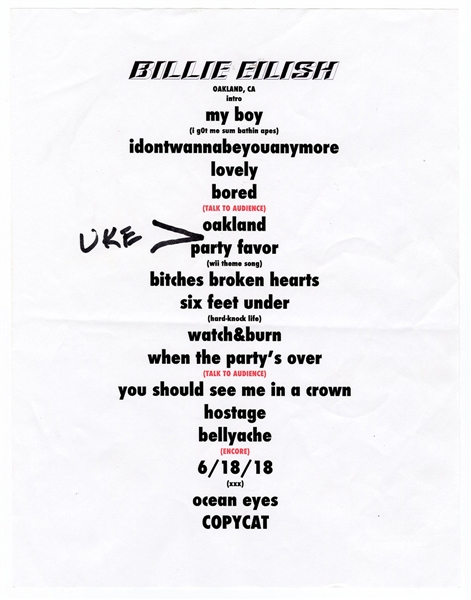 Billie Eilish Hand-Annotated Set List